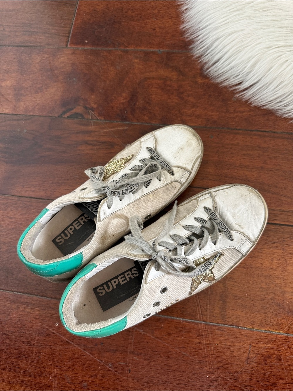 Superga Women's White Sneakers with Turquoise Heel and Gold Star